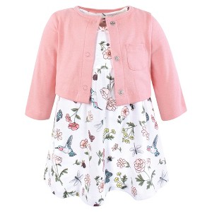 Hudson Baby Infant and Toddler Girls Cotton Dress and Cardigan Set, Hummingbird Garden - 1 of 4