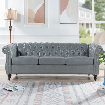 VYNXARIA 84.65 inch Rolled Arm Chesterfield 3 Seater Sofa,Gray + PU