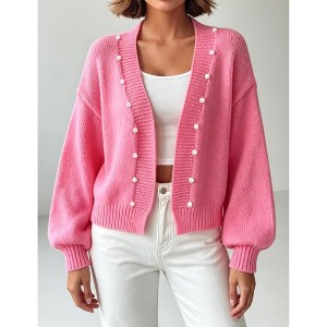 Women Pearl Button Cropped Knit Cardigan V‑Neck Balloon Long