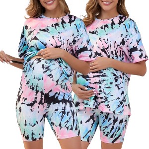 INSPIRE CHIC Women Maternity Set Tie Dye Short Sleeve and Shorts Set Pregnancy Pajama Outfits Bike Shorts - 1 of 4