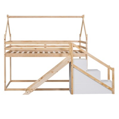 Bellemave Twin over Twin House Loft or Bunk Bed with Slide and Staircase, Natural