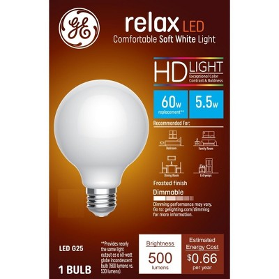 GE 60W Relax G25 LED Globe Light Bulbs Soft White Frosted: Dimmable, Energy Star, 500 Lumens, E26 Base, 2700K