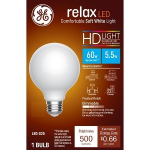 GE 60W Relax G25 LED Globe Light Bulbs Soft White Frosted: Dimmable, Energy Star, 500 Lumens, E26 Base, 2700K - 1 of 4