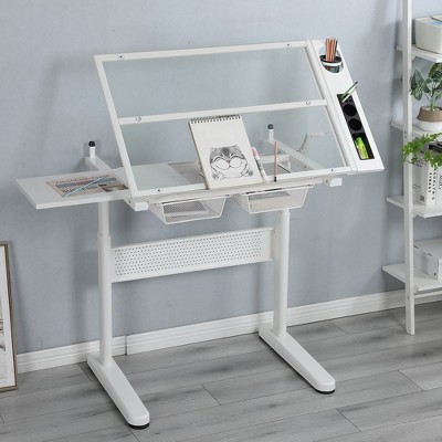 Drawing Desk With Stool, Hand Crank Adjustable Drafting Table With 2 Metal Drawers,38.18'' x 23.60'' x 7''(3.18*1.97*0.58ft)