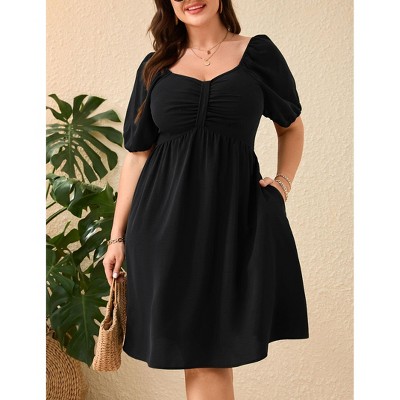 Plus Size Women's Solid Color Mini Dress Shirred Bubble Sleeve Dress with Pockets Stretchy Smocked Bodice & Flowy Skirt