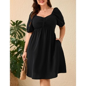 Plus Size Women's Solid Color Mini Dress Shirred Bubble Sleeve Dress with Pockets Stretchy Smocked Bodice & Flowy Skirt - 1 of 4
