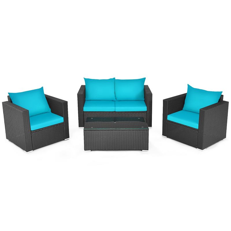 Costway 4PCS Patio Rattan Cushioned Sofa Chair Coffee Table Turquoise, 2 of 11