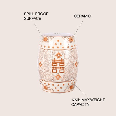18" Orange and White Ceramic Chinoiserie Drum Garden Stool
