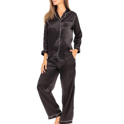 ADR Women's Satin Pajamas Set, Button Down Long Sleeve Top and Pants with Pockets, Silk like PJs with Matching Sleep Mask