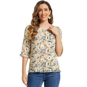 INSPIRE CHIC Women's Round Neck Ruffle 3/4 Sleeve Floral Print Chiffon Blouse - 1 of 4
