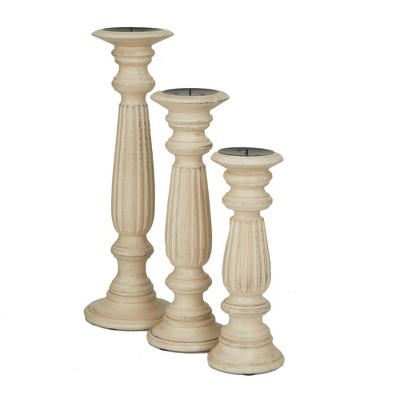 Elegant Mango Wood Teardrop Pillar Candlestick Trio, 18" Brown