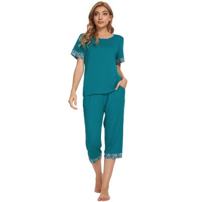 cheibear Womens Round Neck Pajama Set with Capri Pants Casual Lounge  Sleepwear