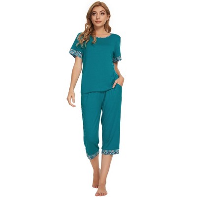 Cheibear Womens Round Neck Pajama Set With Capri Pants Casual