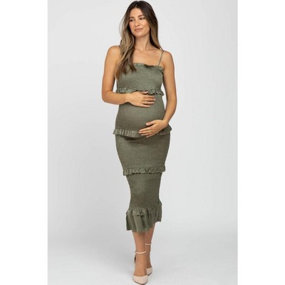 PinkBlush Olive Satin Smocked Fitted Maternity Midi Dress