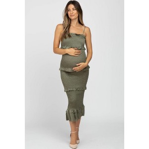 PinkBlush Olive Satin Smocked Fitted Maternity Midi Dress - 1 of 4