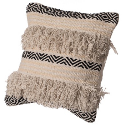 DEERLUX 16" Handwoven Cotton Throw Pillow Cover with Boho Design and Fringed Lines with Filler, Natural