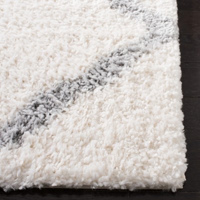 Hand-Knotted Cream and Grey Synthetic Shag Area Rug, 6'7" Square