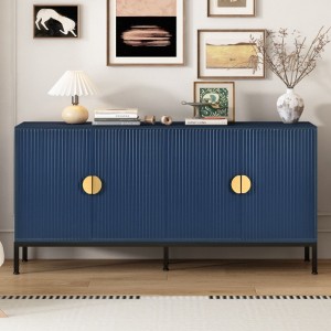 Elegant Vertical Stripe Cabinet with Robust Metal Legs and Semi-Circular Pulls - Ideal for Study, Entryway, and Living Room - 1 of 4