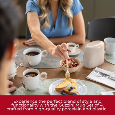 Set of 4 White and Orange Porcelain and Plastic Mugs