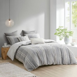 Sapphtopaz Bedding Set Duvet Cover Set Tufted Chenille Cotton with Stripes Printing 3 Piece 1 Cover, 2 Pillow Shams - 1 of 4
