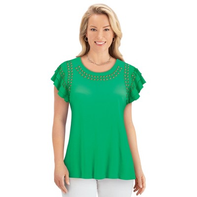Collections Etc Double Layer Flutter Sleeve Eyelet Trim Stylish Top