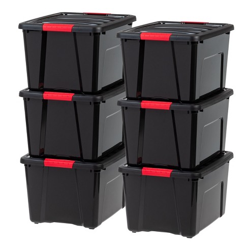 IRIS USA 40qt 6Pack Stackable Plastic Storage Bins with Lids and Latching  Buckles, Black
