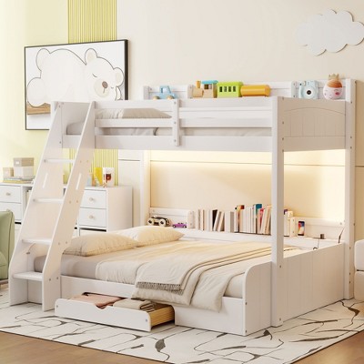 Merax Twin over Full Bunk Bed with Built-In Storage, LED Lights, Charging Station