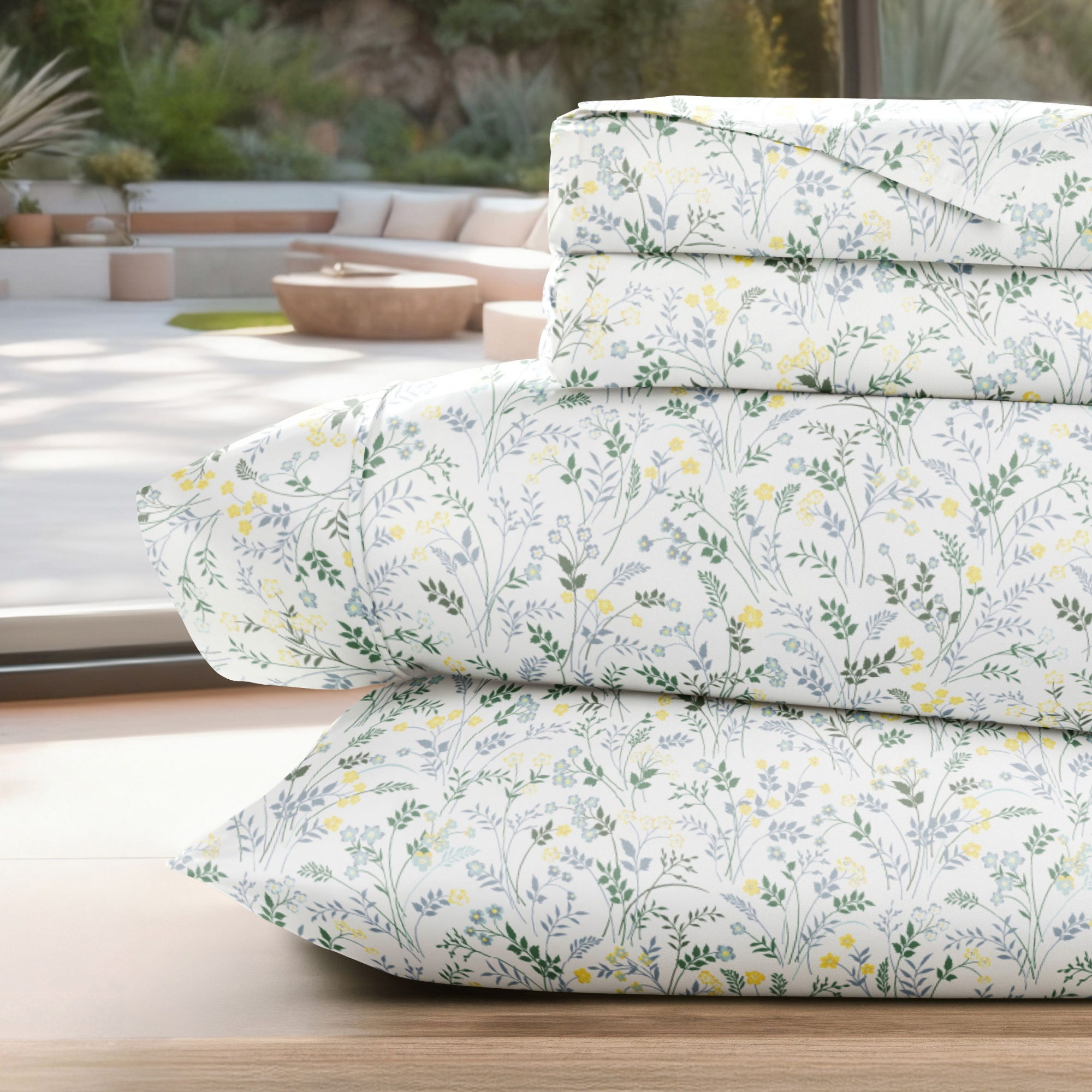 CALIFORNIA KING Floral & Paisley Patterns 4PC Sheet Set - Extra Soft - Becky Cameron, Wildflower Light Blue