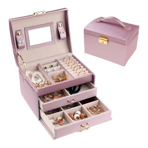 Unique Bargains PU Leather 3 Layer Birthday Gifts Jewelry Organizer Storage Holder with Drawer and Mirror - 1 of 4