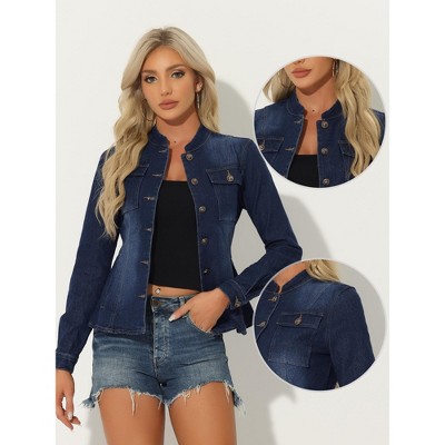 INSPIRE CHIC Women's Button Front Stand Collar Long Sleeve Jean Jackets with Pockets 2 Packs Dark Blue/White Large — фото 3