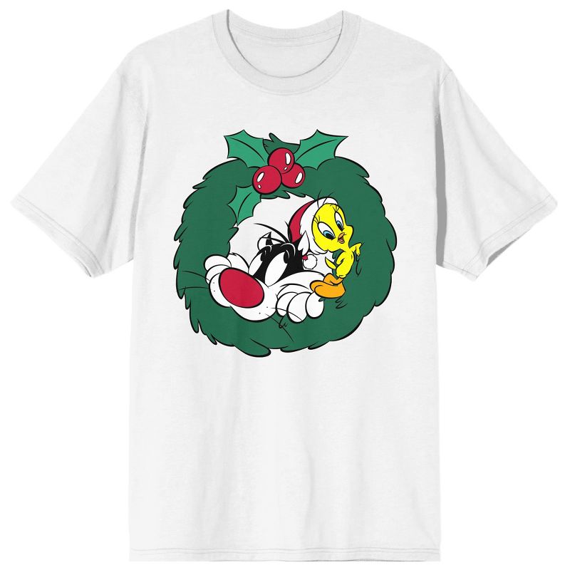 Looney Tunes Sylvetster And Tweety Christmas Wreath Crew Neck Short Sleeve Women's White T-shirt, 1 of 4