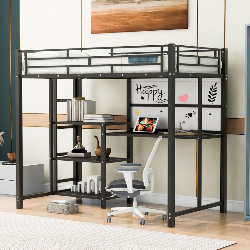 Full/Twin Size Loft Bed with Desk and Whiteboard, Metal Bed with 3 Shelves and Ladder - ModernLuxe, 1 of 13