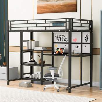 Full/Twin Size Loft Bed with Desk and Whiteboard, Metal Bed with 3 Shelves and Ladder - ModernLuxe