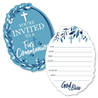 Big Dot of Happiness First Communion Blue Elegant Cross - Shaped Fill-in Invitations - Religious Party Invitation Cards with Envelopes - Set of 12