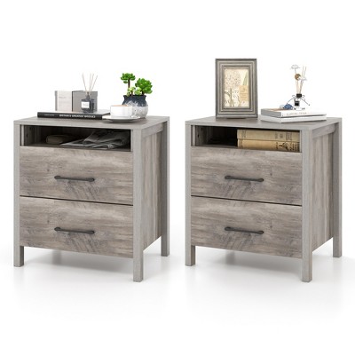 Tangkula 2 PCS Nightstand w/ 2 Drawers Farmhouse Bed Side Table w/ Open Storage Shelf