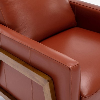 Modern Caramel Leather and Wood Push Back Recliner
