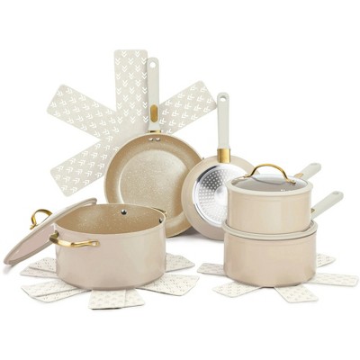 LunaLulinlk 12-Piece Cookware Set Non-Stick - Taupe & Gold