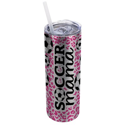 Elanze Designs Leopard Print Hot Pink Silvertone Sparkle 20 Ounce Double Wall Stainless Steel Glitter Travel Tumbler With Sliding Lid And Straw,