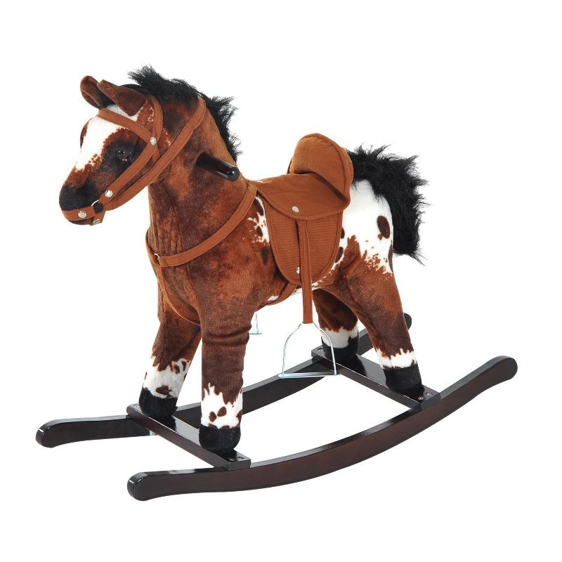 Qaba Kids Metal Plush Ride-On Rocking Horse Chair Toy With Realistic Sounds - Dark Brown/White, 1 of 10