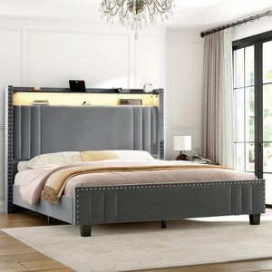 WOWLIVE Queen/King Upholstered Bed Frame with Storage Wingback Headboard, Modern Platform Bed Frame with Outlet & LED Light - 1 of 4