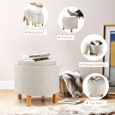 Beige Round Storage Ottoman with Tray and Wood Legs
