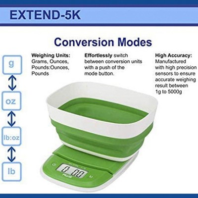 Compact White and Green Digital Kitchen Scale with Collapsible Bowl