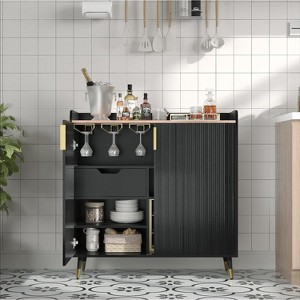 Modern Sideboard Buffet Cabinet with Fluted Doors, Wine Bar & Coffee Bar Liquor Cabinet with Wine Rack and Glass Holders for Dining Room, Living Room - 1 of 2