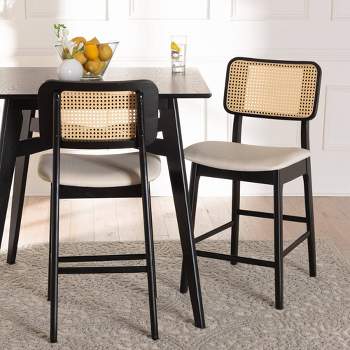Baxton Studio 2pc Dannon Fabric and Wood Counter Height Barstools Cream/Black/Light Brown