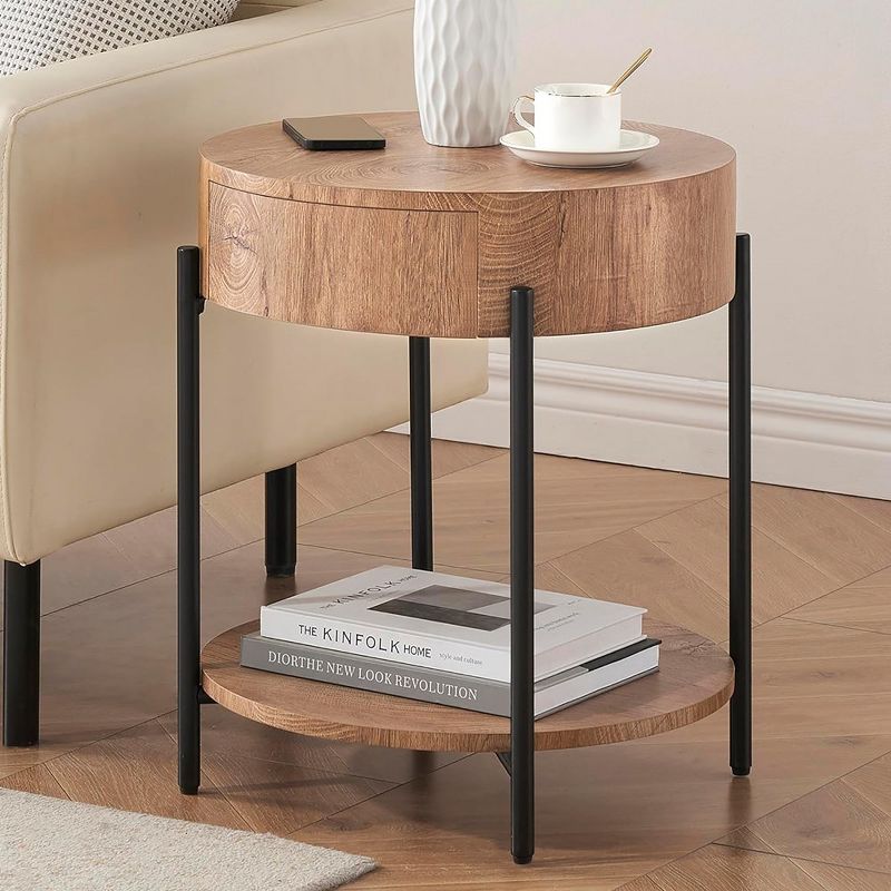 Whizmax Round End Table Wood Side Table with Drawer for Living Room, Bedroom and Small Spaces, Brown, 2 of 9