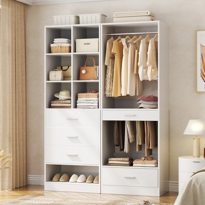 Aheaplus Freestanding Closet System with 4 Drawers and Storage, Walk-In Wardrobe Organizer with Hanging Rod