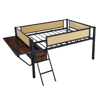 ZHUTA Gaming Loft Bed with Desk,Staircase, Black Metal Loft Bed Frame with Hanging Storage Compartment, Woven Rattan