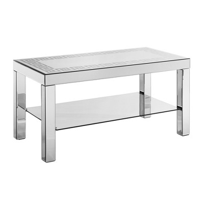 Vynxaria Art Deco Modern Curved Border Coffee Table - 40"W×20"D×20", Silver Mirror Glass Top, Crushed Diamond Edge, Crystal Mirror Legs for Sofa Decor