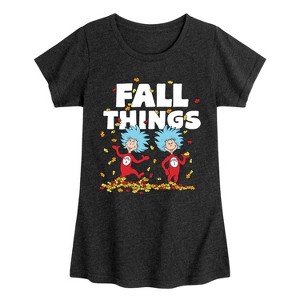 Girls' - Dr. Seuss - Fall Things Thing 1 and Thing 2 Fitted Short Sleeve Graphic T-Shirt - 1 of 4