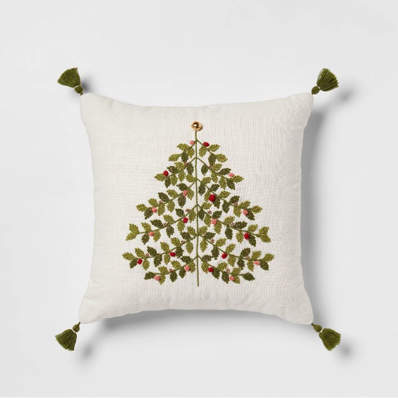 Tree Embroidered Square Christmas Throw Pillow Green - Threshold&#8482;, 1 of 6